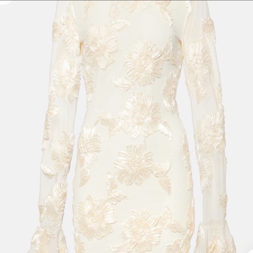 Romantic Ivory Lace Mini Dress with Floral Embroidery